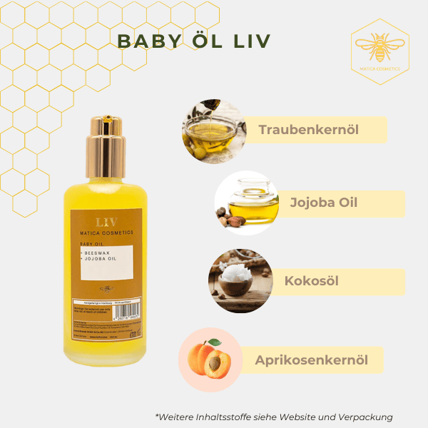 Das Baby Öl LIV von Matica Cosmetics mit Traubenkern- und Jojobaöl pflegt zarte Babyhaut, beugt wunden Stellen vor und hinterlässt eine weiche, gepflegte Haut – ohne Duftstoffe.
