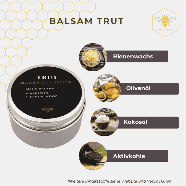 Der Balsam TRUT enthält Sandelholzöl, Bienenwachs, Jojobaöl, Sheabutter und Vitamin E für intensive Pflege, Feuchtigkeit und Hautschutz.