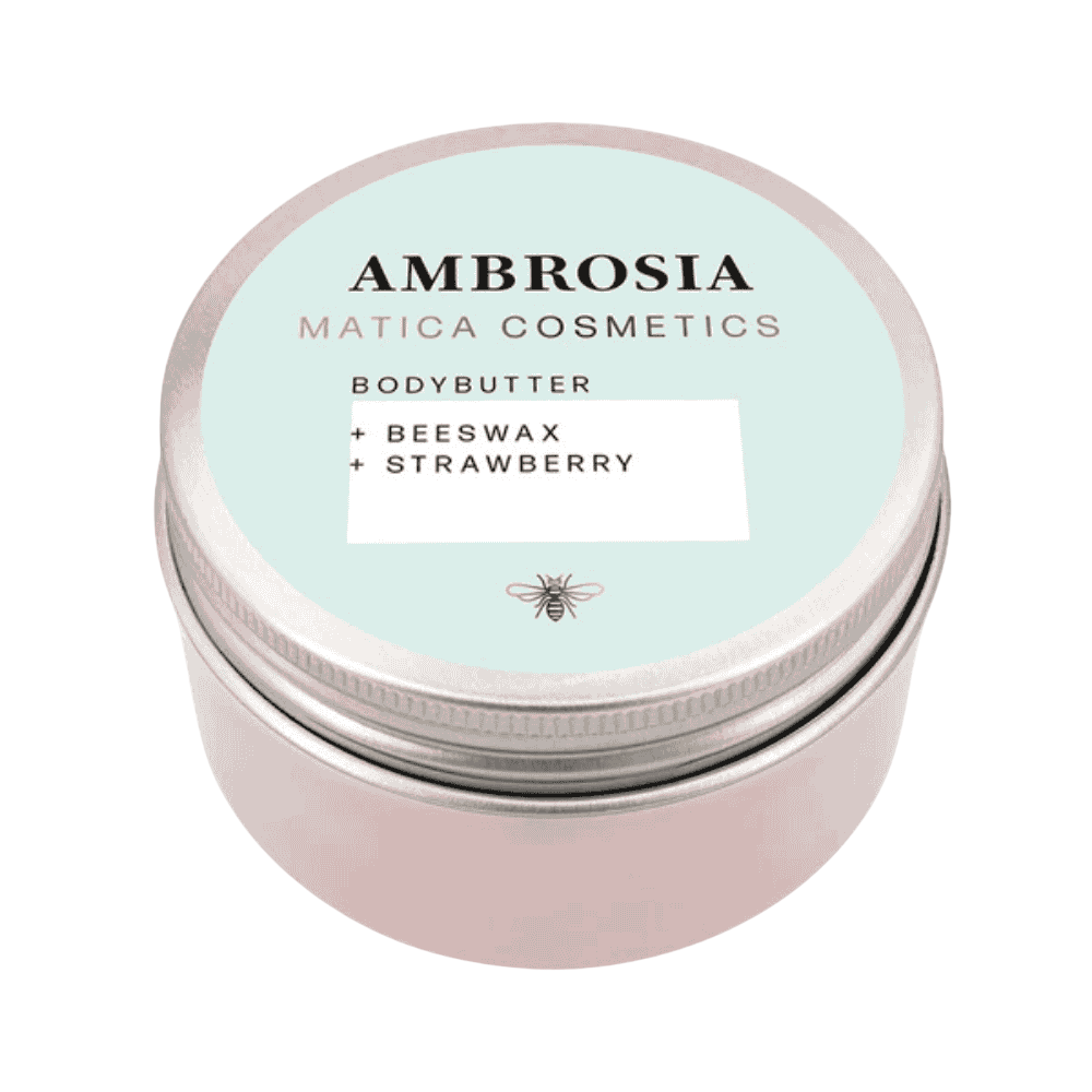 Body Butter AMBROSIA – verwöhnt mit Erdbeerduft, pflegt mit Vitamin E & Bienenwachs, spendet Feuchtigkeit & schützt die Haut. Natürlich & nachhaltig verpackt.