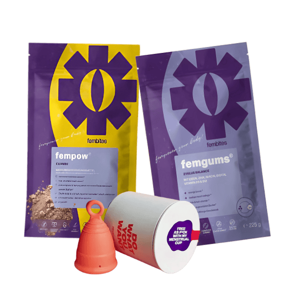Dein nachhaltiges Perioden-Set: femgums®, fempow® CLEANSE & Menstruationstasse – für Balance, Komfort & Zero Waste Vibes.