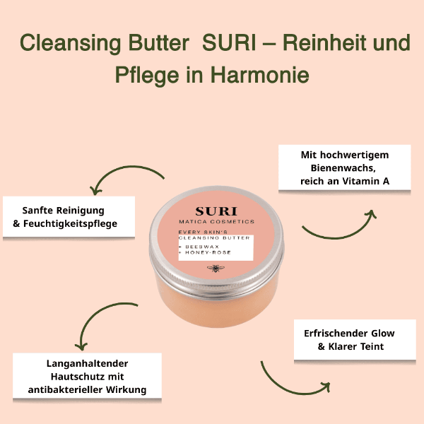 Die Cleansing Butter SURI reinigt sanft, spendet Feuchtigkeit und schützt mit Bienenwachs. Sie hinterlässt die Haut weich und verleiht einen natürlichen Glow.