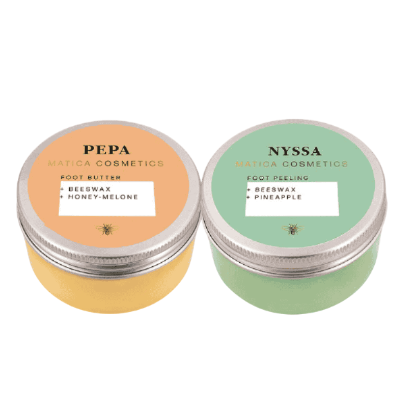 Fußpeeling NYSSA – entfernt sanft Hornhaut, spendet Feuchtigkeit und pflegt mit Bienenwachs. Ananasduft, für seidig weiche, geschmeidige Füße. Natürlich und nachhaltig verpackt.
