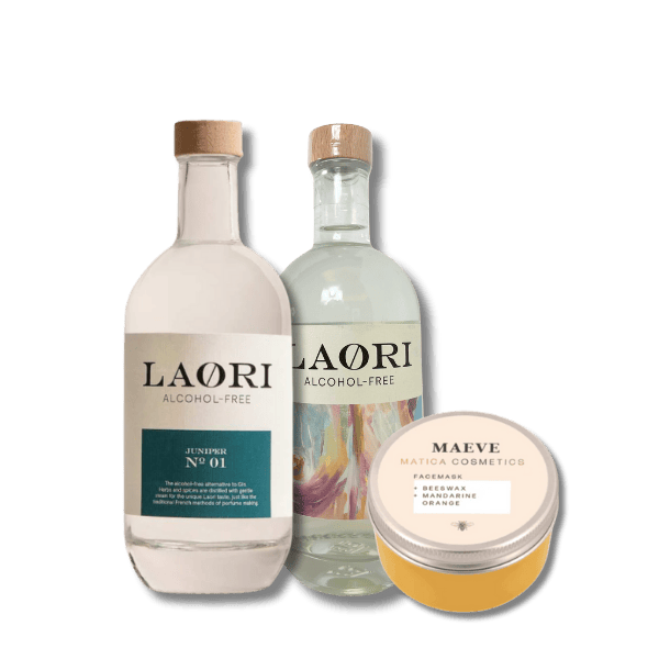 Laori Juniper No.1 Gin & Tonic alkoholfrei und Maeve Gesichtsmaske von Matica Cosmetics im Selfcare-Bundle, freigestellt auf weißem Hintergrund