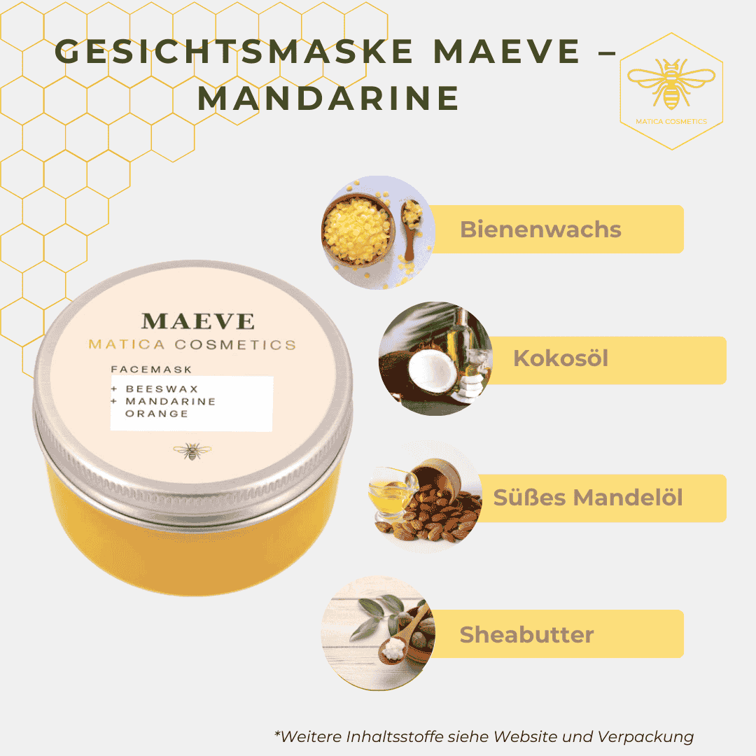 Die MAEVE Gesichtsmaske enthält Bienenwachs, Mandarinenextrakt, Jojobaöl und Sheabutter – für Feuchtigkeit, Schutz und eine erfrischte, glatte Haut.