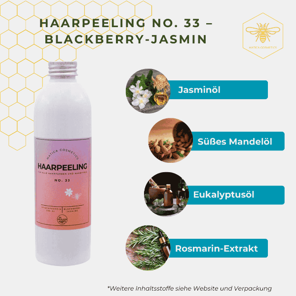 Haarpeeling No. 33 – entfernt Talg, Schuppen und Rückstände, fördert das Haarwachstum und pflegt mit Bienenwachs, Seidenproteinen und pflegenden Ölen. Für frisches, glänzendes Haar. Natürlich und nachhaltig verpackt.
Zusammensetzung:
Meersalz, Bienenwachs, Seidenproteine, pflegende Öle (z. B. Jojobaöl, Arganöl), Vitamin E, natürliche Duftstoffe.