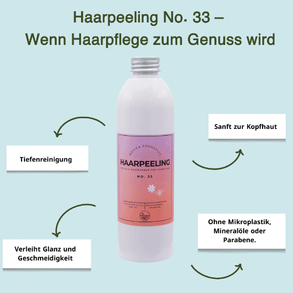 Haarpeeling No. 33 – entfernt Talg, Schuppen und Rückstände, fördert das Haarwachstum und pflegt mit Bienenwachs und Seidenproteinen. Für frisches, glänzendes Haar. Natürlich und nachhaltig verpackt.