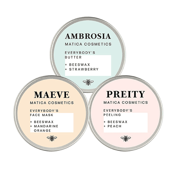 Matica Cosmetics Naturkosmetik aus Hamburg Set AMBROSIA – MAEVE – PREITY Everybodybutter Facemask Peeling Beeswax, Mint Peach, Orange