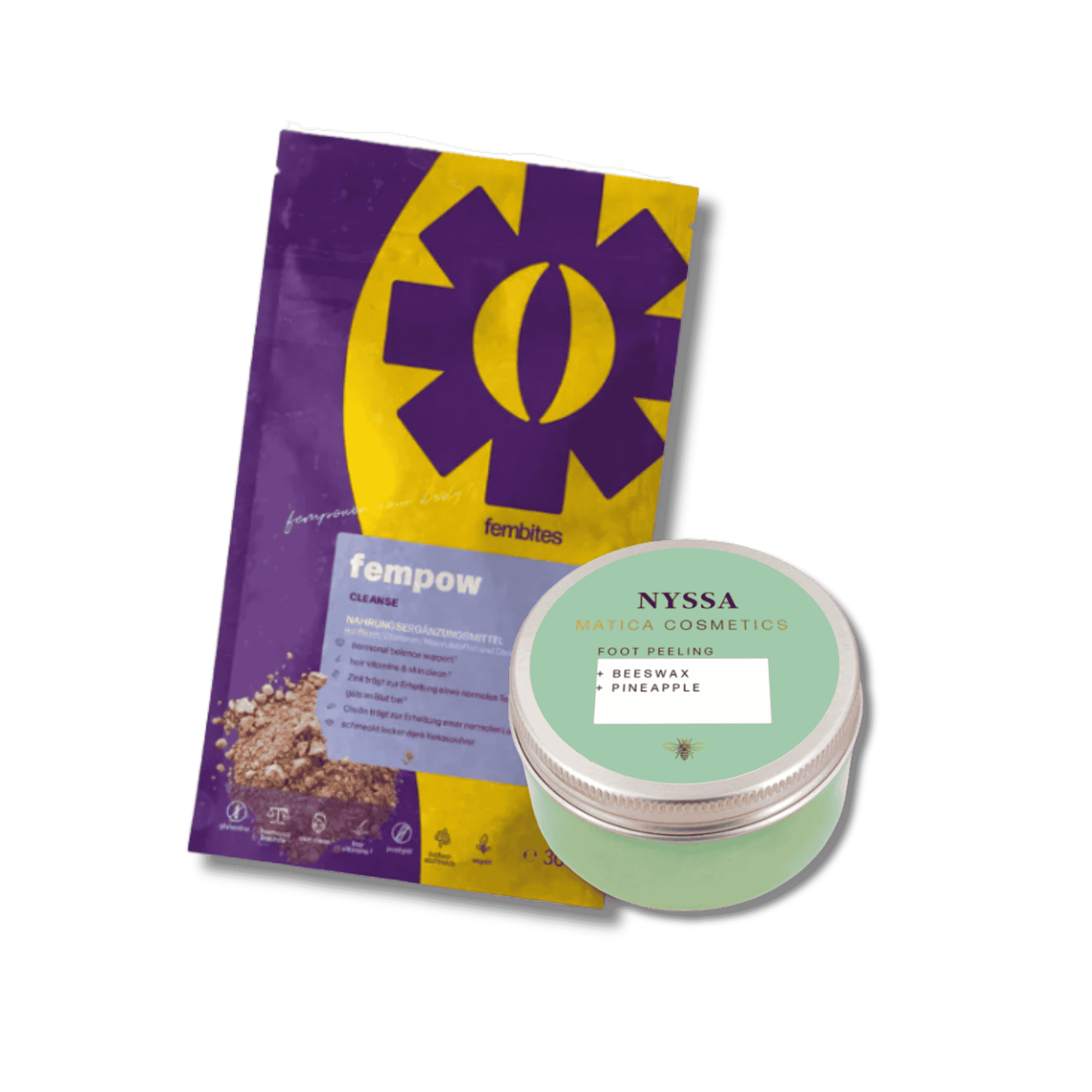 Fempow® + NYSSA Selfcare-Bundle – hormonelle Balance trifft Fußpflege, freigestellt auf neutralem Hintergrund