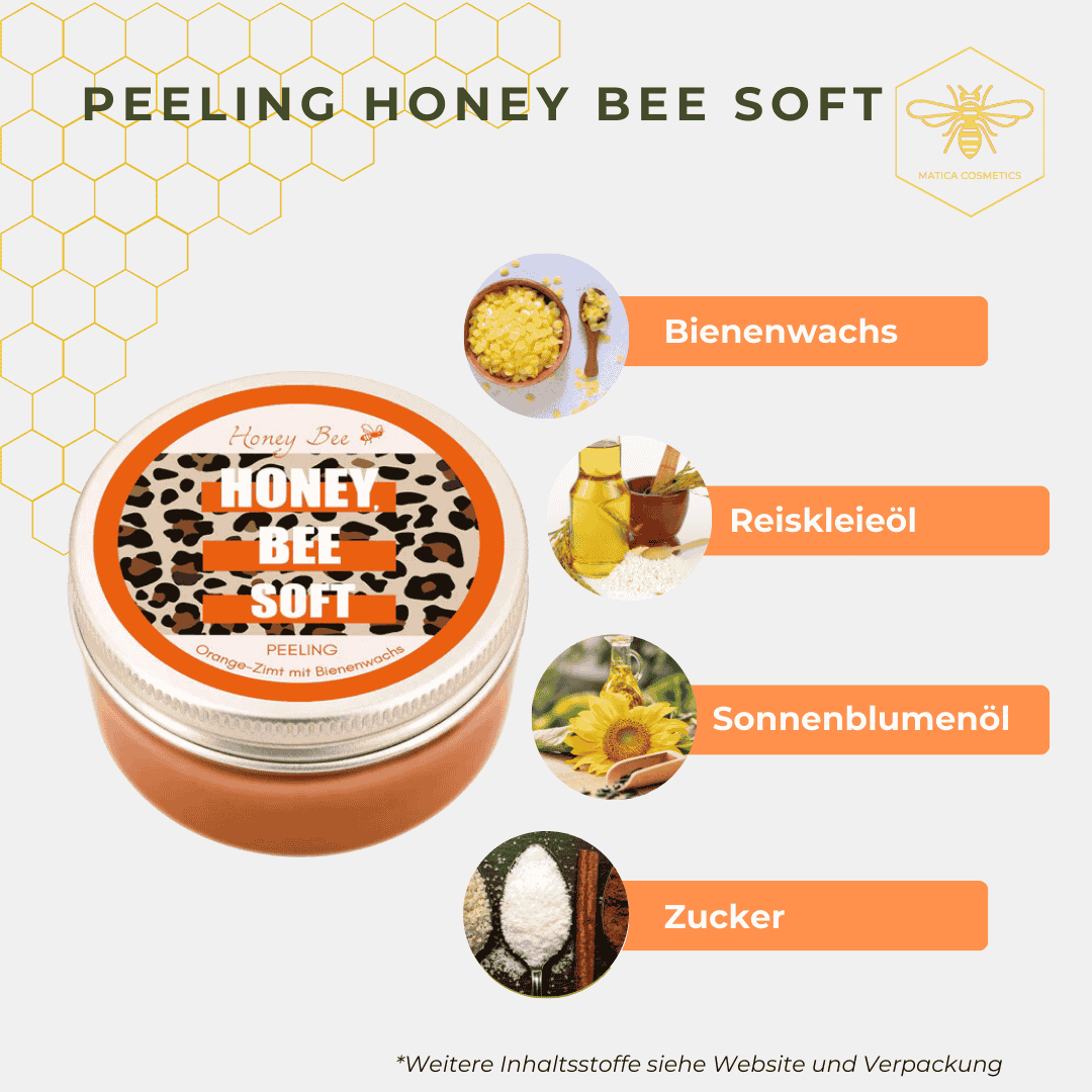 Körperpeeling HONEY BEE – entfernt sanft Rückstände, pflegt mit Bienenwachs und versorgt die Haut mit Feuchtigkeit. Frischer Orange-Zimt-Duft, für weiche, gepflegte Haut. Natürlich und nachhaltig verpackt.
