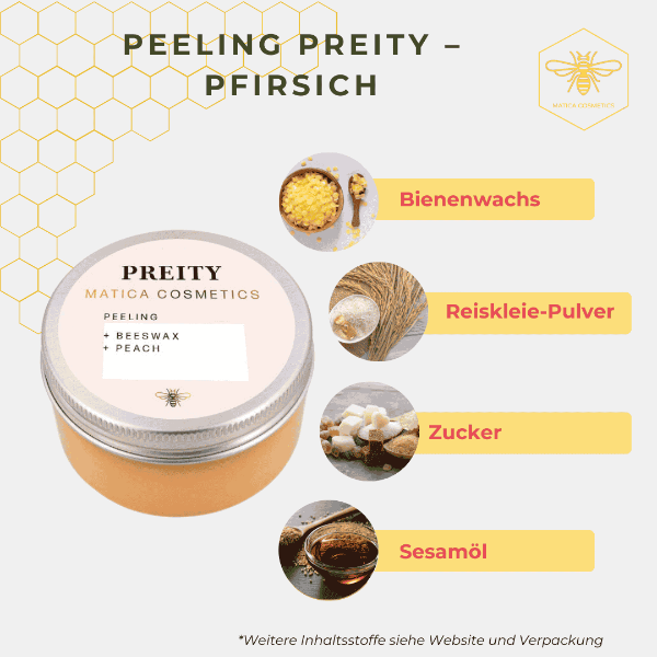 Das PREITY Peeling reinigt sanft, spendet Feuchtigkeit, fördert die Zellproduktion und versorgt die Haut mit Vitaminen für ein zartes, gepflegtes Hautbild.