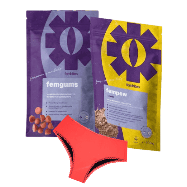 Entdecke das Perioden-Bundle mit femtis Slip, fempow CLEANSE Pulver & femgums Vitaminen – natürlich, sicher & stylish durch deine Tage Matica Cosmetics Freigestellt