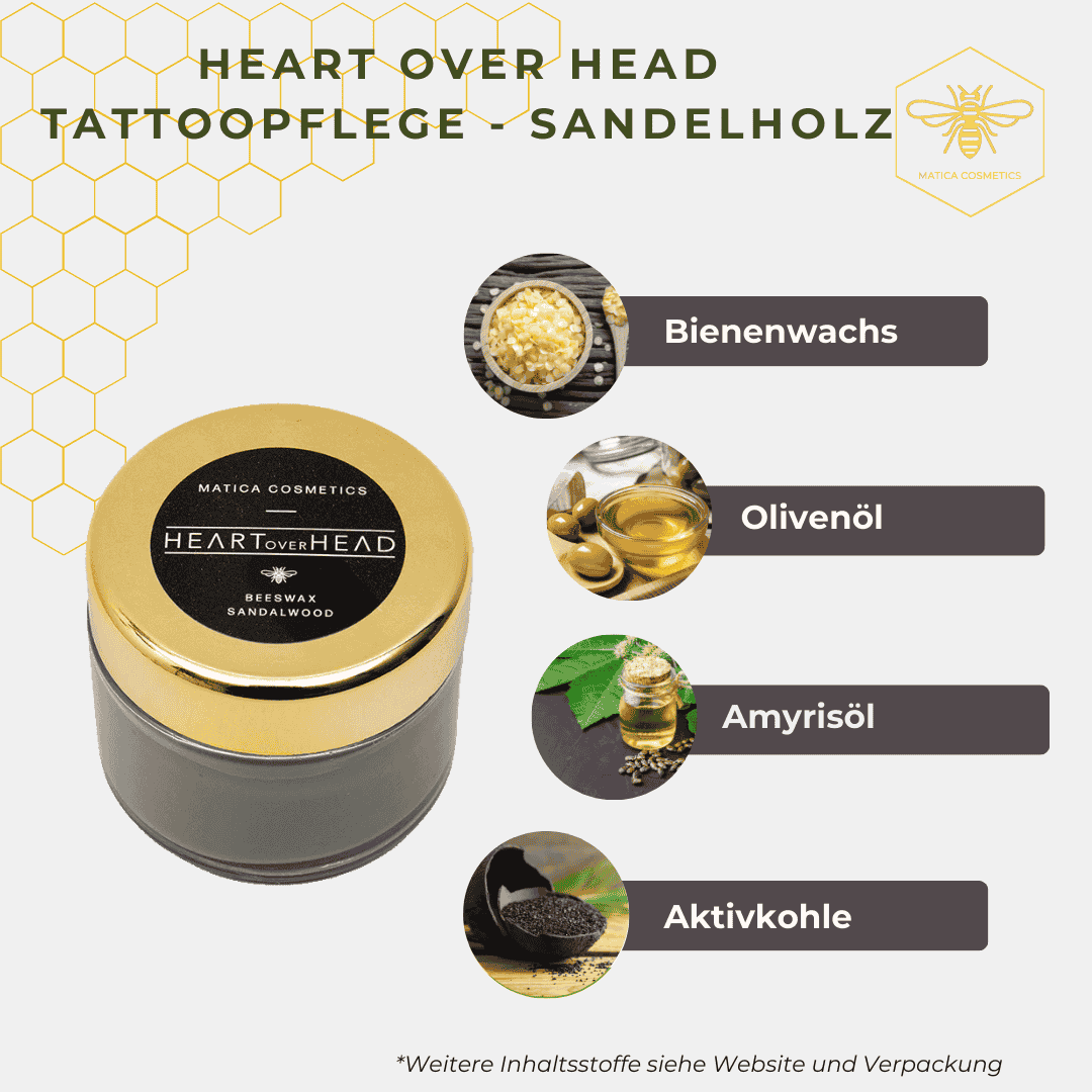 Die Tattoopflege HEART OVER HEAD Sandelholz enthält Sandelholzöl, Bienenwachs, Jojobaöl, Sheabutter und Vitamin E für Feuchtigkeit, Heilung und Hautschutz.