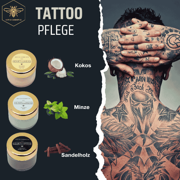 Die Tattoopflege von Matica Cosmetics strahlt eine beruhigende, natürliche Atmosphäre aus. Mit ihren sanften, pflegenden Inhaltsstoffen und modernen Verpackungen vermittelt sie das Gefühl von Frische, Pflege und Nachhaltigkeit – perfekt für Tattoo-Liebhaber, die ihre Kunstwerke optimal pflegen möchten.