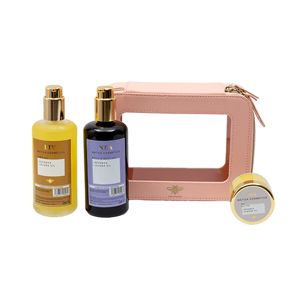 Matica Cosmetics Naturkosmetik aus Hamburg Körperpflege Set Babyöl Nippelbutter Belly & Butt Oil Kosmetktasche