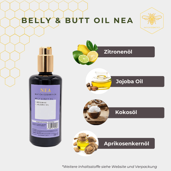 Das Belly & Butt Oil NEA von Matica Cosmetics mit Aprikosenkernöl und Zitronenöl von Matica Cosmetics mindert Dehnungsstreifen, pflegt die Haut und sorgt mit seinem frischen Duft für Wohlbefinden.




