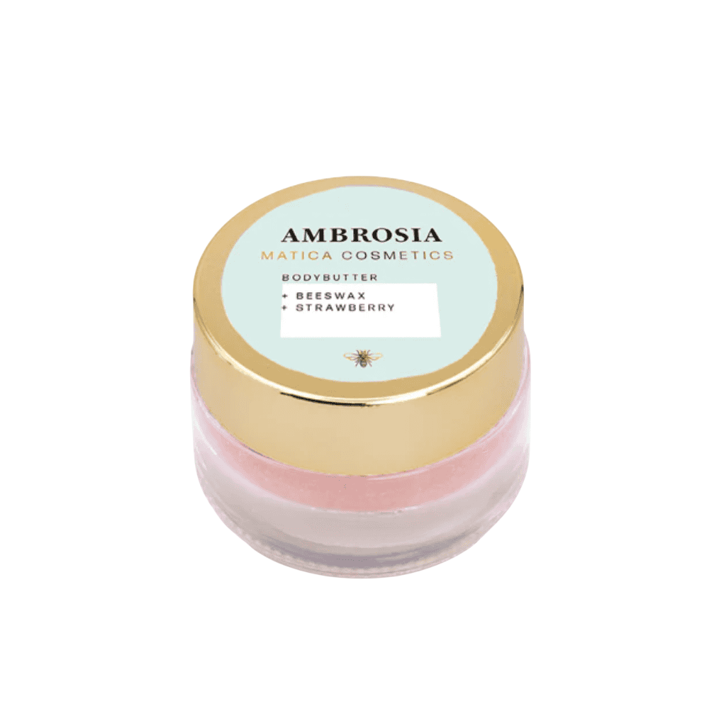 Body Butter AMBROSIA – verwöhnt mit Erdbeerduft, pflegt mit Vitamin E & Bienenwachs, spendet Feuchtigkeit & schützt die Haut. Natürlich & nachhaltig verpackt.