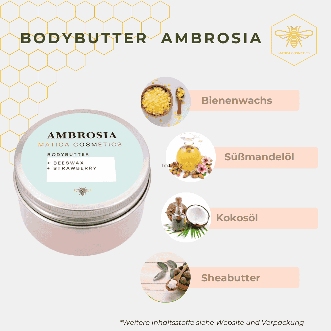 Body Butter AMBROSIA – verwöhnt mit Erdbeerduft, pflegt mit Vitamin E & Bienenwachs, spendet Feuchtigkeit & schützt die Haut. Natürlich & nachhaltig verpackt.