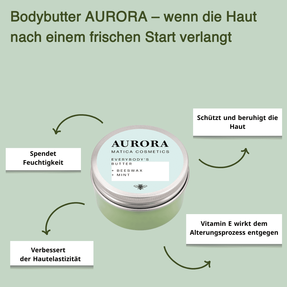 Körperbutter AURORA – erfrischende Minz-Formulierung, mit Pfefferminzöl, Bienenwachs und Vitamin E. Schützt, pflegt und verleiht geschmeidige Haut. Umweltfreundlich verpackt.