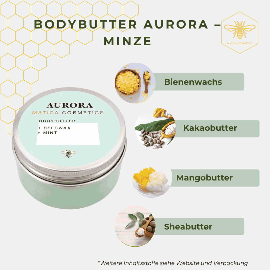 Körperbutter AURORA – erfrischende Minz-Formulierung, mit Pfefferminzöl, Bienenwachs und Vitamin E. Schützt, pflegt und verleiht geschmeidige Haut. Umweltfreundlich verpackt.
