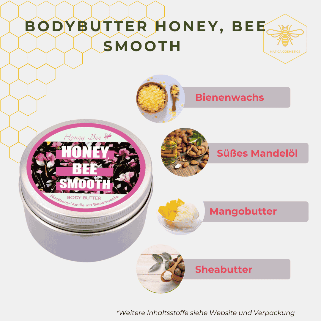 Body Butter HONEY BEE – pflegt mit Bienenwachs, Sheabutter und Jojobaöl, versorgt trockene Haut mit Nährstoffen und hüllt sie in einen Brombeer-Vanille-Duft.





