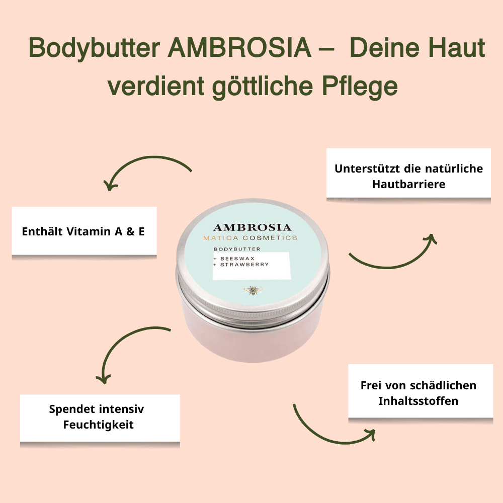 Body Butter AMBROSIA –
 Erdbeerduft, Spendet Feuchtigkeit,
 Schützt mit Bienenwachs, Enthält Vitamin E und Antioxidantien, Natürlich und nachhaltig verpackt.