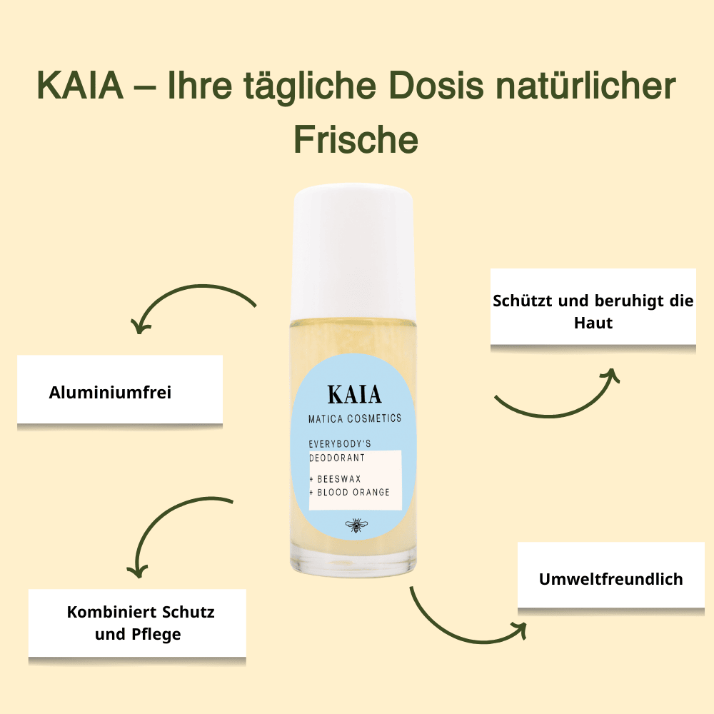 Deoroller KAIA – schützt vor Gerüchen, duftet nach Blutorange und pflegt mit Bienenwachs. Zusammensetzung: Bienenwachs, Blutorangenöl, natürliche Duftstoffe. Nachfüllbar, nachhaltig verpackt.