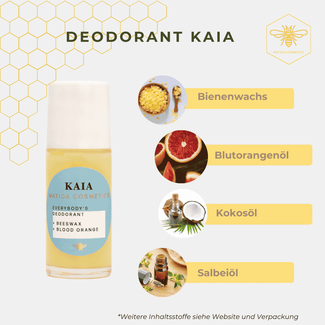 Deoroller KAIA – schützt vor Gerüchen, duftet nach Blutorange und pflegt mit Bienenwachs. Zusammensetzung: Bienenwachs, Blutorangenöl, natürliche Duftstoffe. Nachfüllbar, nachhaltig verpackt.