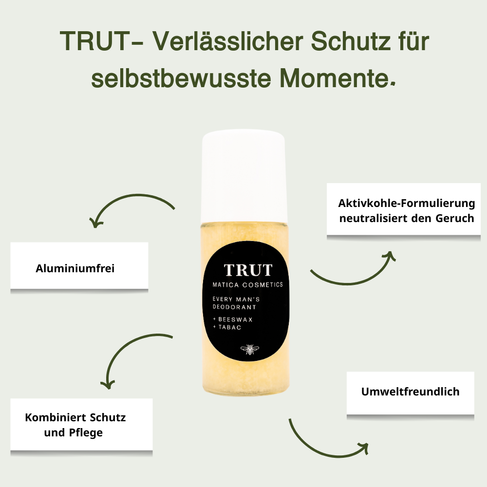 Das Deodorant TRUT bietet langanhaltenden Schutz, besteht aus natürlichen Inhaltsstoffen, ist sanft zur Haut und nachhaltig verpackt, ohne Aluminium oder Parabene.