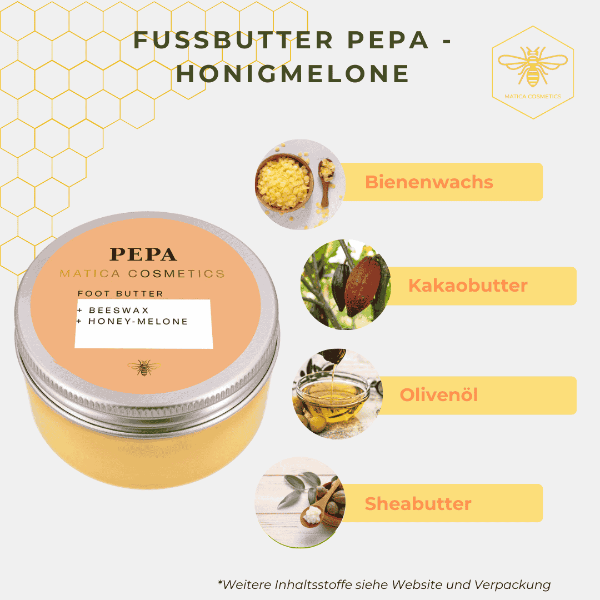 Fußbutter PEPA – pflegt trockene, rissige Haut, spendet Feuchtigkeit und macht die Füße geschmeidig. Mit Honig-Melonen-Duft, Bienenwachs und natürlichen Ölen. Nachhaltig verpackt.