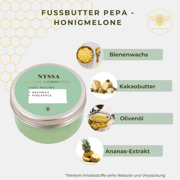 Fußpeeling NYSSA – entfernt sanft Hornhaut, spendet Feuchtigkeit und pflegt mit Bienenwachs. Ananasduft, für seidig weiche, geschmeidige Füße. Natürlich und nachhaltig verpackt.
