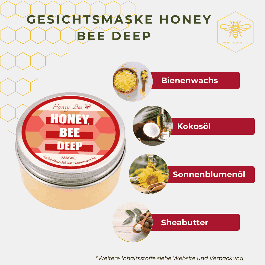 Gesichtsmaske HONEY, BEE DEEP – pflegt mit Bienenwachs, spendet Feuchtigkeit und verfeinert das Hautbild. Frischer Apfelduft, für weiche, gepflegte Haut. Natürlich und nachhaltig verpackt.
