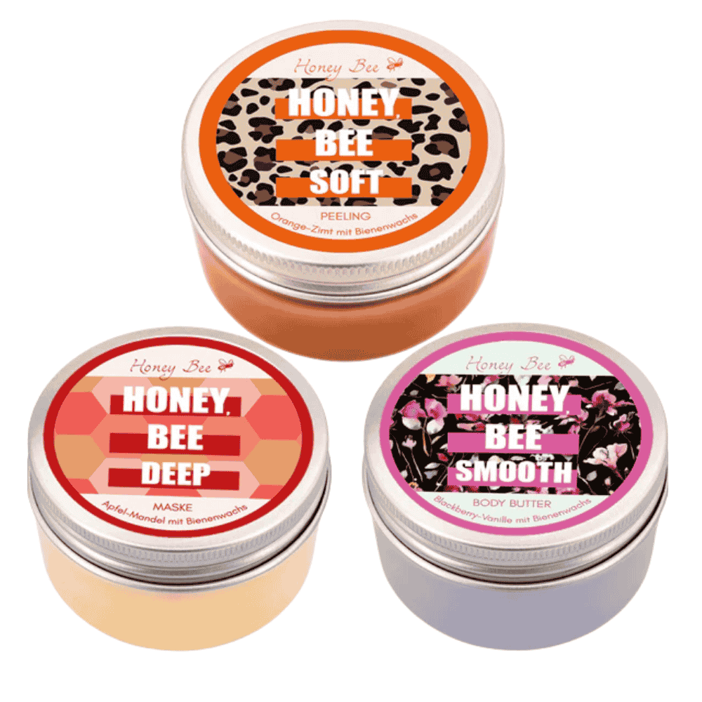 Beauty-Set HONEY BEE – mit Körperpeeling (Orange-Zimt-Duft), Gesichtsmaske (Apfel-Mandel-Duft) und Body Butter (Vanille-Brombeer-Duft). Pflegt mit Bienenwachs, spendet Feuchtigkeit und schützt. Natürlich und nachhaltig verpackt.