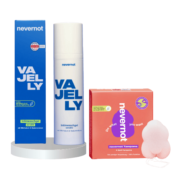 nevernot Soft Tampons und VAJELLY Intimwaschgel als Set – sanfte Pflege und zuverlässiger Schutz für deine Periode auf einen Blick.