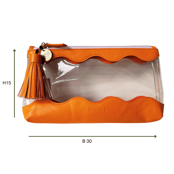 ransparente IPHORIA Kosmetiktasche in Orange – stylisch, kompakt und perfekt für unterwegs. Mit goldfarbenem Reißverschluss & Logo-Detail.