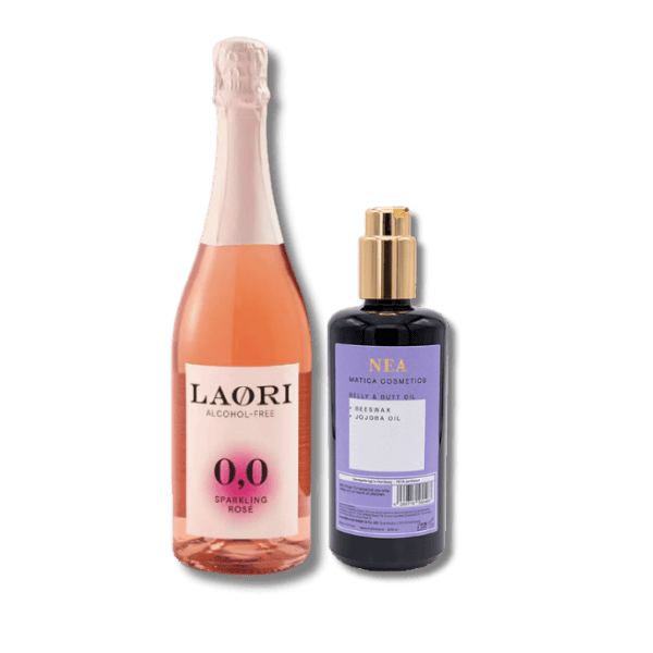 enuss & Pflege für besondere Momente: Laori Rose alkoholfreier Schaumwein verwöhnt deinen Gaumen, während NEA Belly & Butt Öl die Haut geschmeidig pflegt und Dehnungsstreifen vorbeugt.