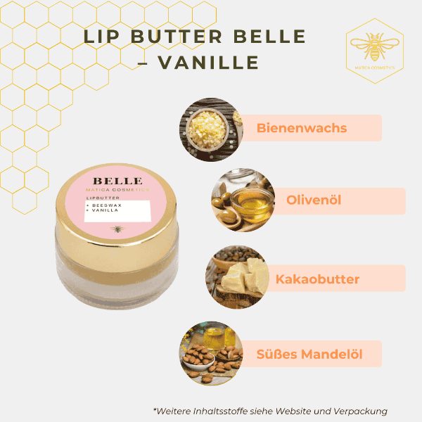 Lippenbutter BELLE – pflegt trockene, spröde Lippen mit Bienenwachs und Vanilleduft. Zusammensetzung: Bienenwachs, Vitamin E, Antioxidantien. Regt Zellerneuerung an, schützt und spendet Feuchtigkeit. Frei von Mikroplastik, nachhaltig verpackt.