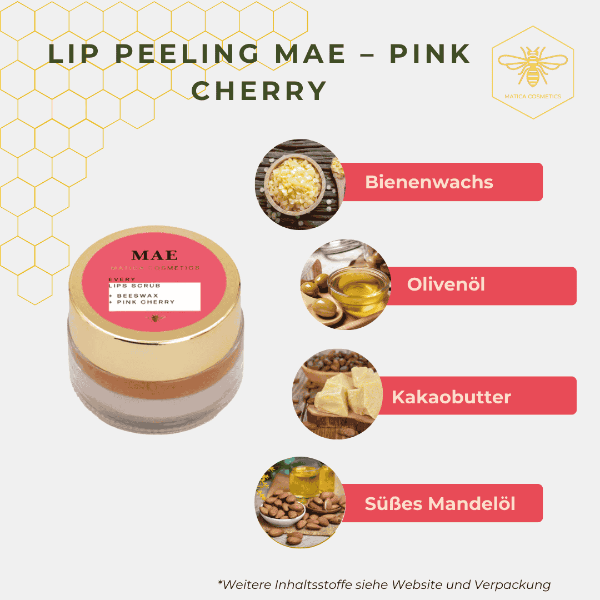 Lip Scrub MAE – für glatte, voluminöse Lippen mit Kirscharoma. Zusammensetzung: Bienenwachs, Vitamin E, Zuckerpartikel, Antioxidantien. Entfernt Hautschüppchen, fördert Durchblutung und Pflege.








