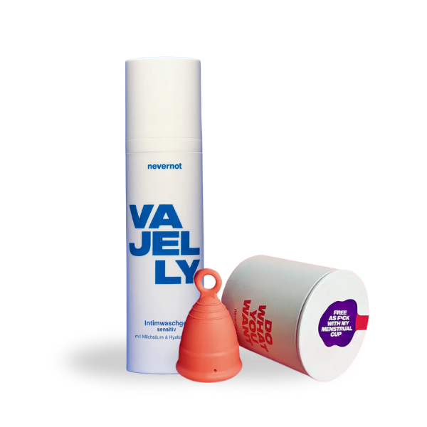 nevernot Periodenpflege Set: Menstruationstasse und VAJELLY Intimwaschgel, sichere und sanfte Pflege für die Periode, ideal für mittlere bis starke Tage, vegan und pH-balanced.