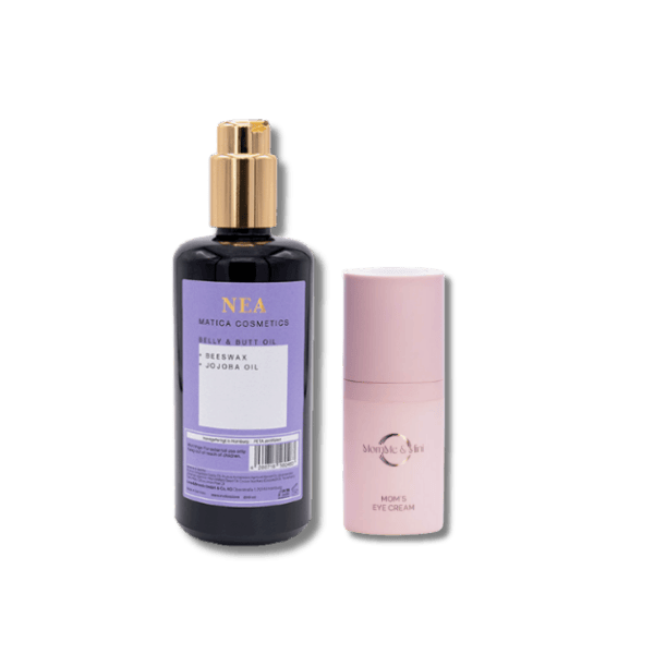 NEA Belly & Butt Öl pflegt intensiv und beugt Dehnungsstreifen vor, während  Moms Eye Cream die Augenpartie entspannt und sichtbar glättet. Vegan & nachhaltig.
