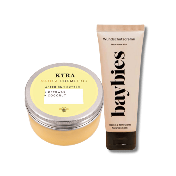 KYRA Sunbutter mit LSF 20 & baybies Wundschutzcreme – zwei natürliche Pflegehelden für sonnige Tage und empfindliche Haut, von Groß bis Klein.