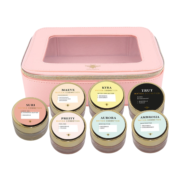 Matica Cosmetics Naturkosmetik aus Hamburg Kennlernset  7 Teillig +Reisetasche. Im Set sind Bodybutter, Sonnenschutz, Peeling ,Gesichtsmaske ,Reinigungsbutter enthalten. 