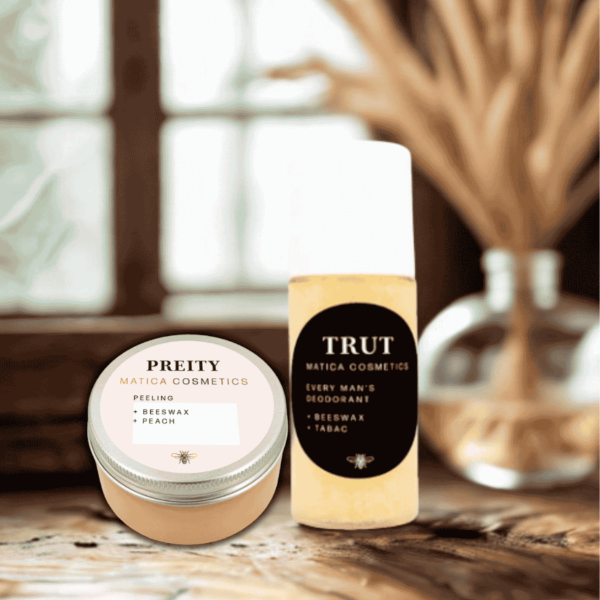 Das Sporty Set für Männer – Trut Deo-Roller und Preity Peeling – auf einem rustikalen Hintergrund