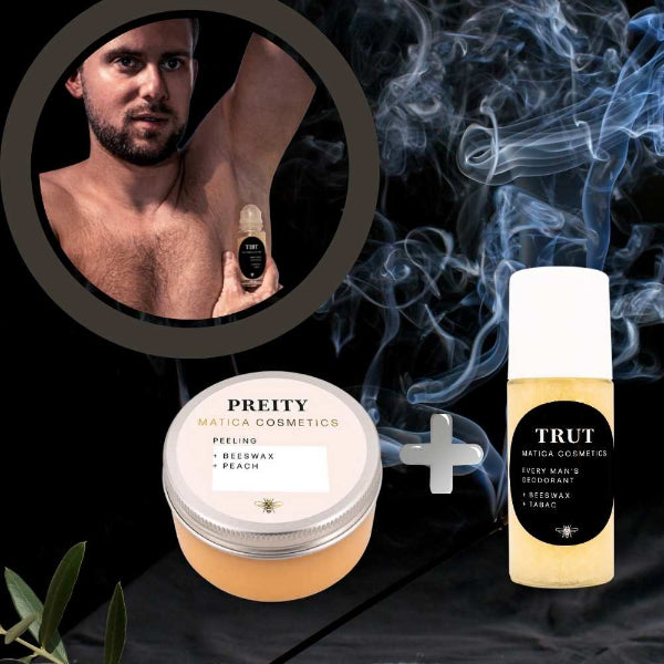 Das Sporty Set für Männer – Trut Deo-Roller und Preity Peeling – auf einem rustikalen Hintergrund