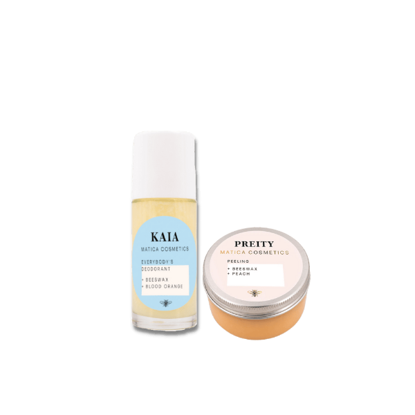 Set vereint den Kaia Deo-Roller und das Preity Peeling, um deine Haut mit natürlicher Frische und sanfter Pflege zu versorgen 