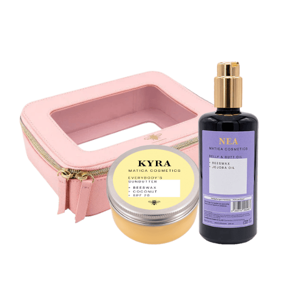 Sun Butter KYRA (LSF 20, Zinkoxid), Bodyöl NEA (Zitrone, schnell einziehend) & vegane Kosmetiktasche – natürlich, nachhaltig & perfekt für unterwegs.