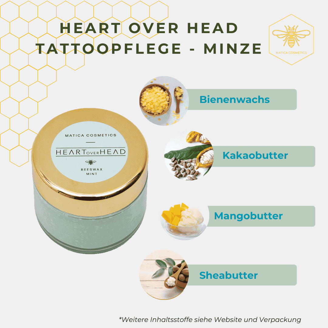 Die Tattoopflege HEART OVER HEAD Minze enthält Minzöl, Bienenwachs, Jojobaöl, Sheabutter und Vitamin E für Kühlung, Feuchtigkeit und Hautheilung.
