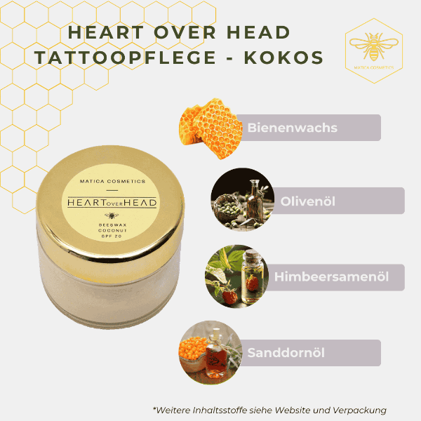 Die Tattoopflege HEART OVER HEAD Kokos enthält Kokosöl, Bienenwachs, Jojobaöl, Sheabutter und Vitamin E für intensive Pflege, Feuchtigkeit und Hautheilung.