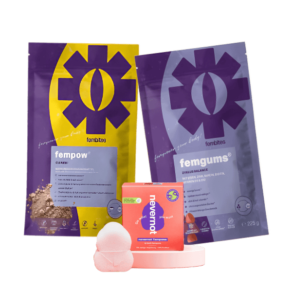 Zykluspflege mit  femgums®, fempow®, Soft-Tampons von NeverNot. Dein Bundle für hormonelle Balance & entspannte Periodentage 
