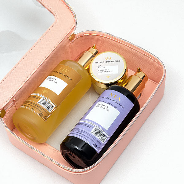 Matica Cosmetics Naturkosmetik aus Hamburg Körperpflege Set Schwangerschaftsöl Babyöl Nippelbutter Kosmetiktasche 